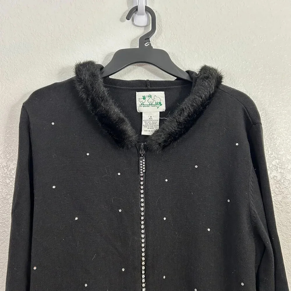 The Quacker Factory Rhinestone Hooded Zip Up Sweater Jacket Bling Faux Fur - Picture 2 of 6